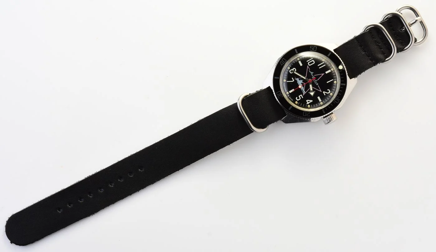 Black Amphibia wrist watch with genuine leather NATO strap!