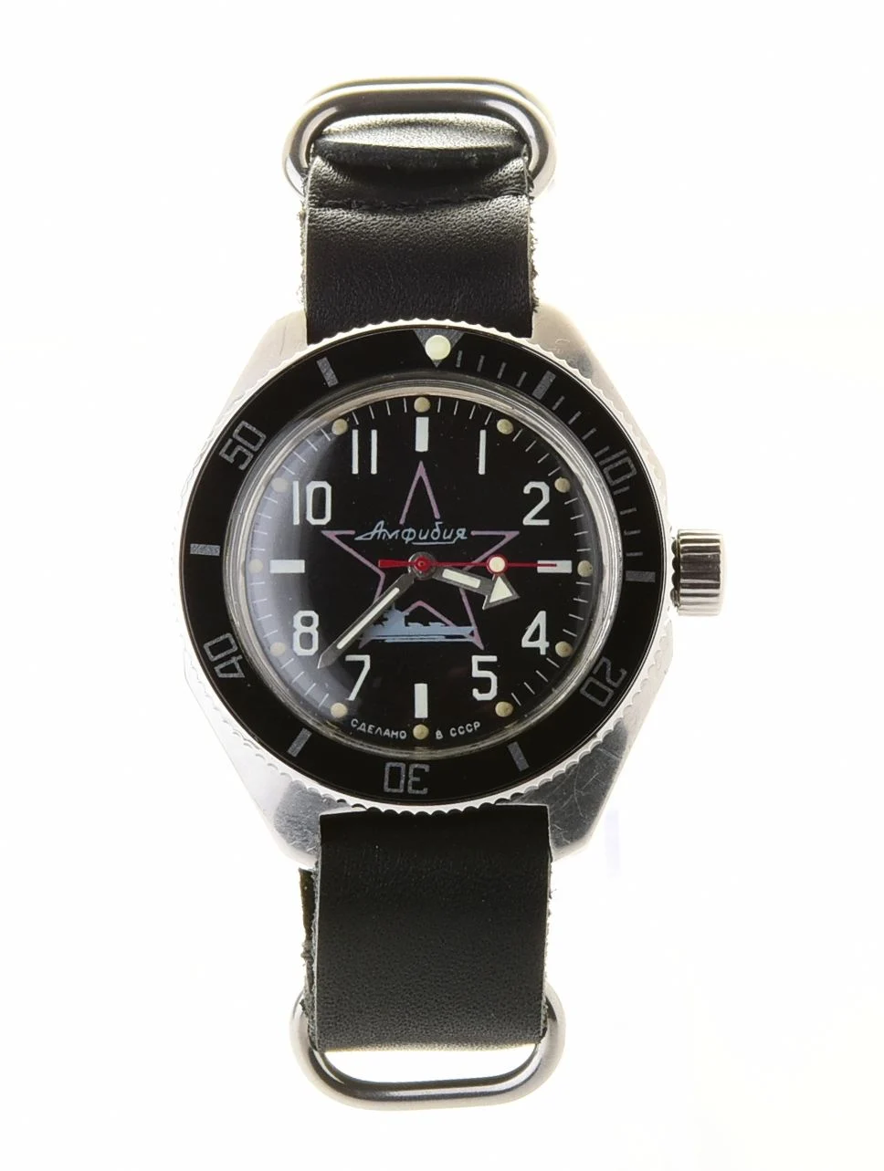 Black Amphibia wrist watch with genuine leather NATO strap!