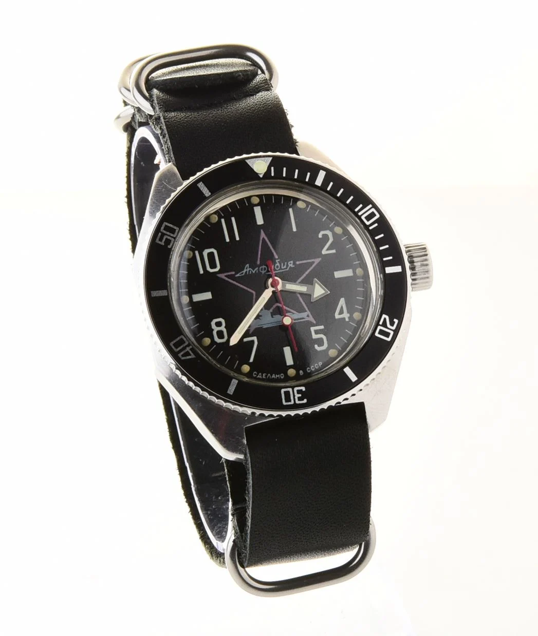 Black Amphibia wrist watch with genuine leather NATO strap!