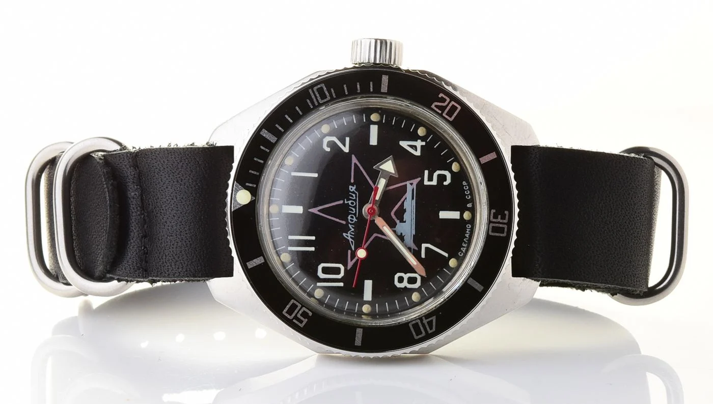 Black Amphibia wrist watch with genuine leather NATO strap!
