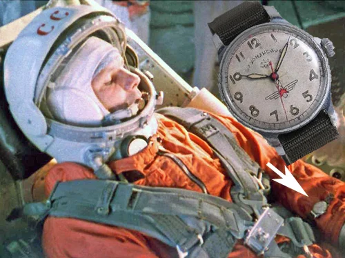 Yuri Gagarin in the Vostok capsule, with his Sturmanskie wristwatch shown alongside