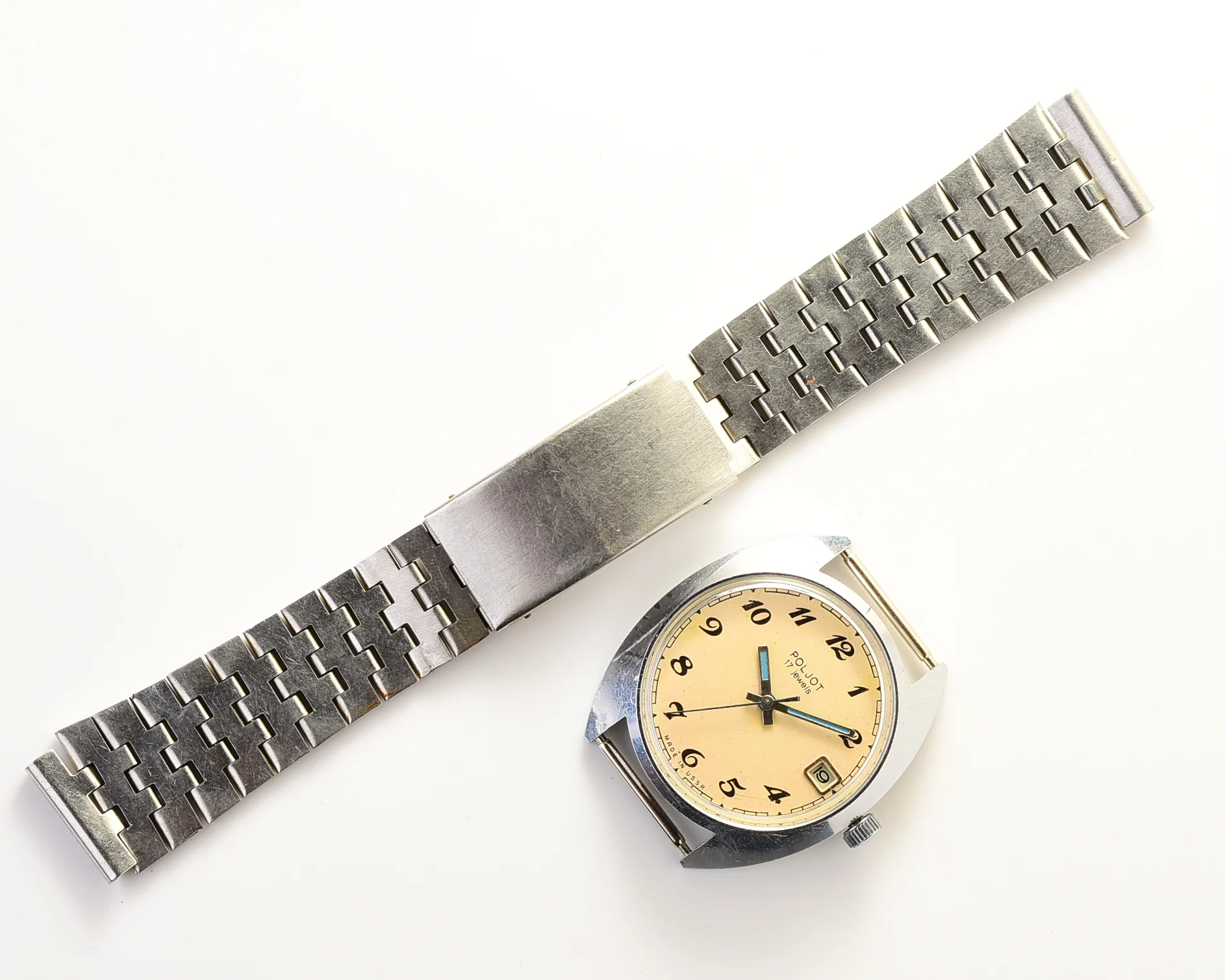 Soviet Poljot mechanical wrist watch with vintage stainless steel bracelet