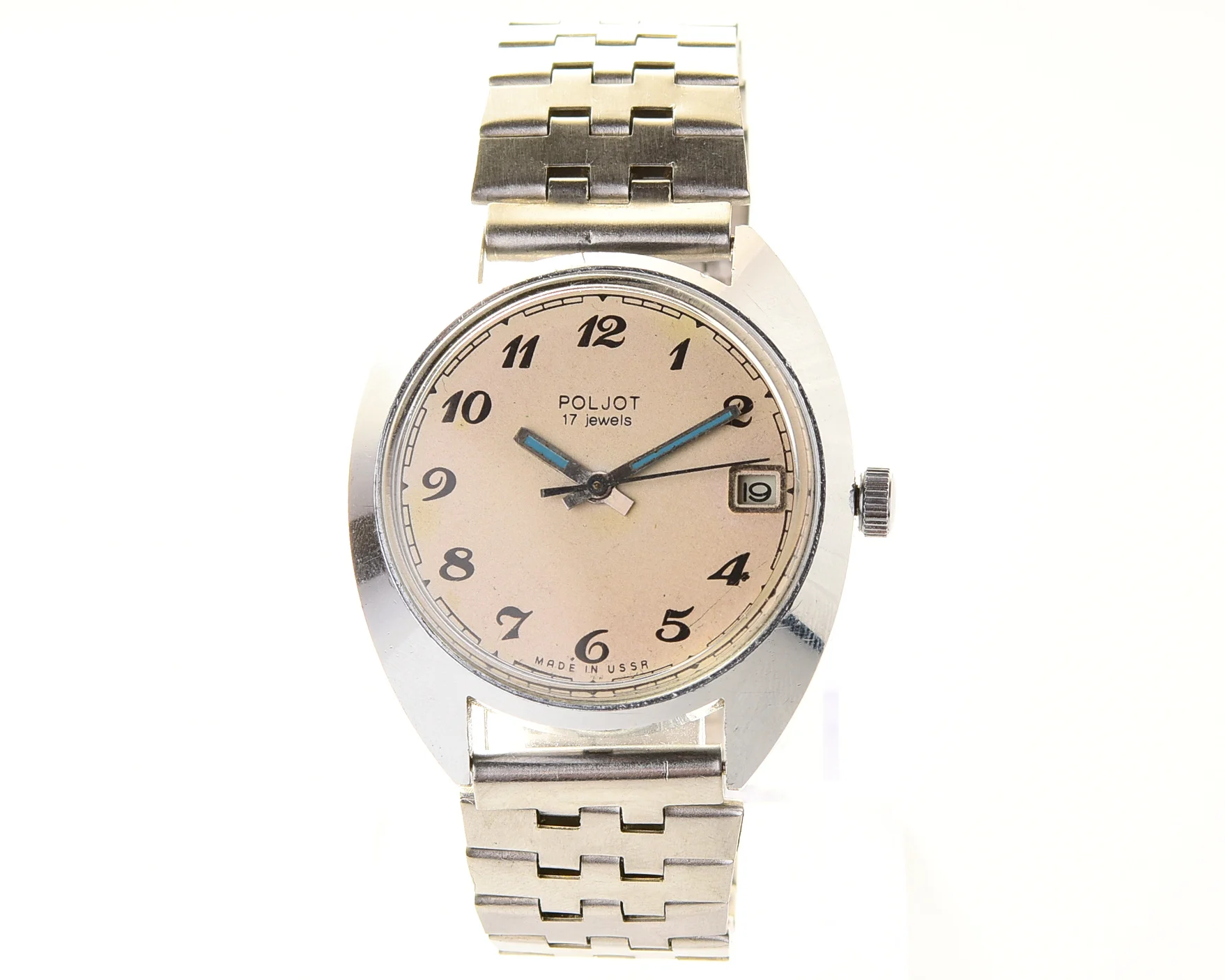Soviet Poljot mechanical wrist watch with vintage stainless steel bracelet