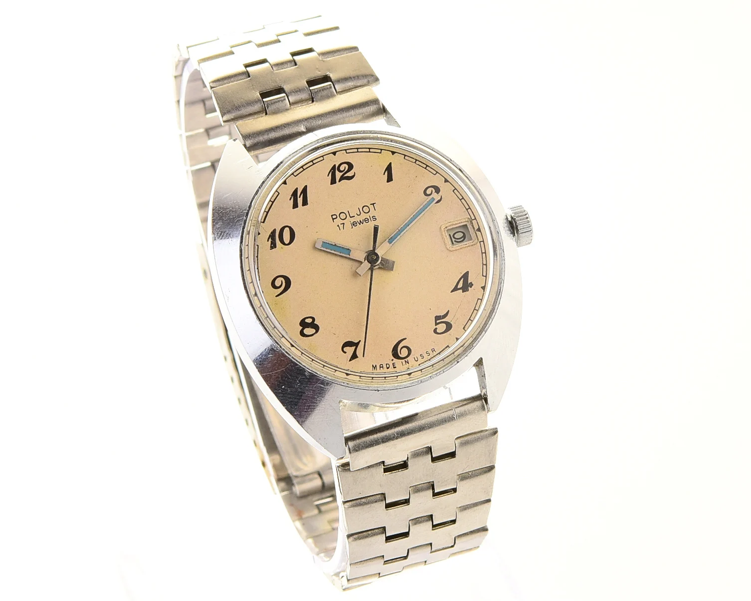 Soviet Poljot mechanical wrist watch with vintage stainless steel bracelet