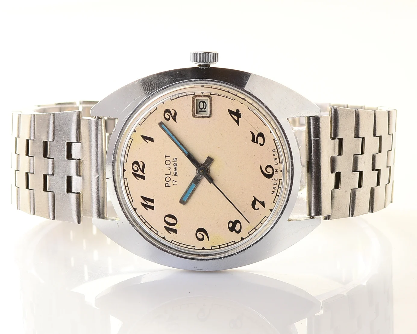 Soviet Poljot mechanical wrist watch with vintage stainless steel bracelet