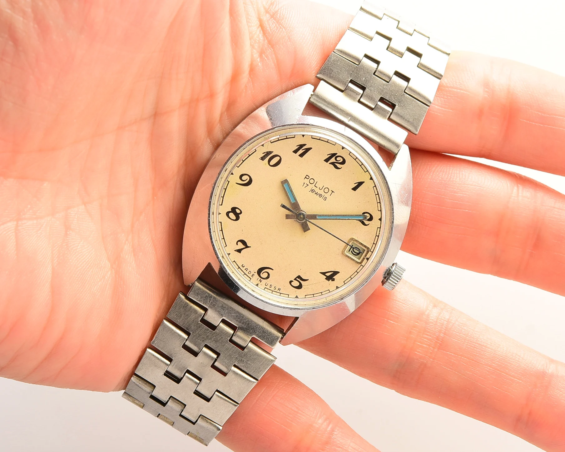 Soviet Poljot mechanical wrist watch with vintage stainless steel bracelet