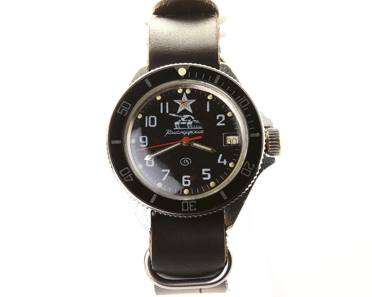 Vostok Commander's watch - Komandirskie Tank with black bezel and genuine leather NATO strap