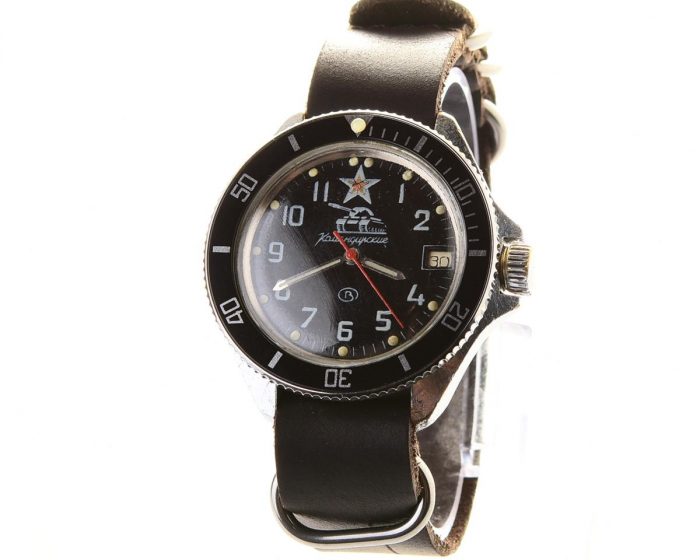 Vostok Commander's watch - Komandirskie TANK with black bezel and genuine leather NATO strap