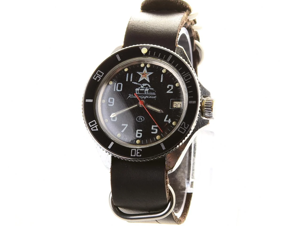 Vostok Commander's watch - Komandirskie Tank with black bezel and genuine leather NATO strap