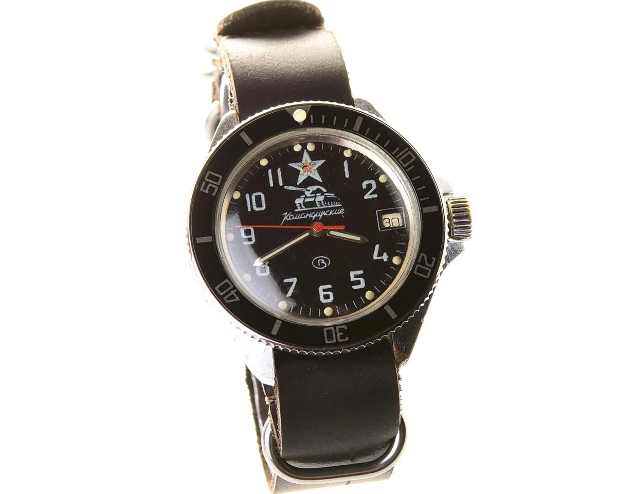 Vostok Commander's watch - Komandirskie Tank with black bezel and genuine leather NATO strap