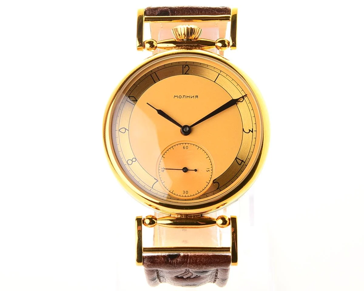 Soviet style Molnija wrist watch with luxury ostrich leather strap and transparent back cover!