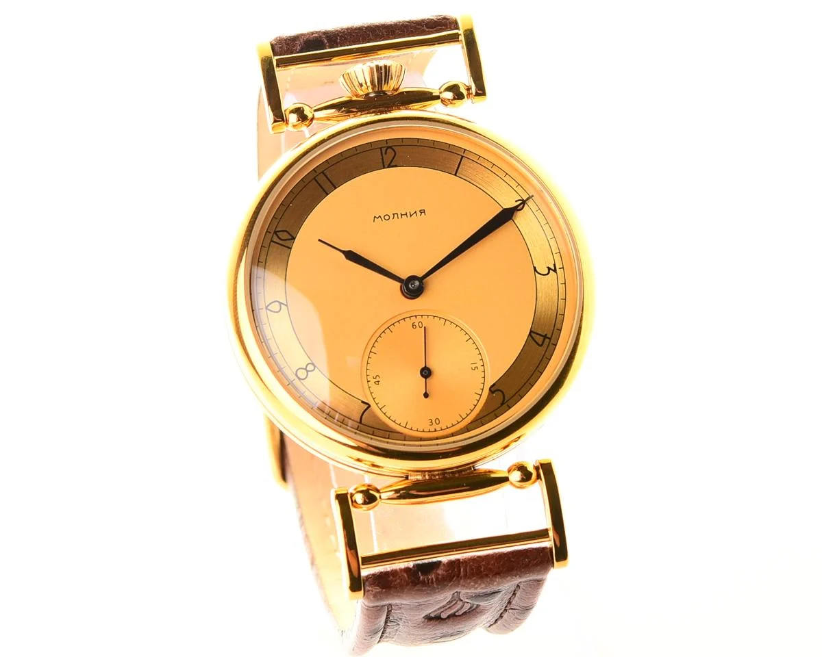 Soviet style Molnija wrist watch with luxury ostrich leather strap and transparent back cover!
