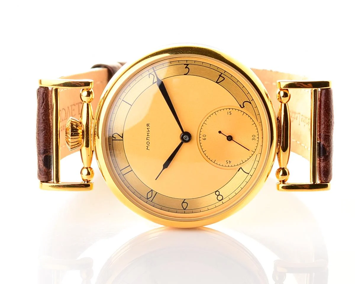 Soviet style Molnija wrist watch with luxury ostrich leather strap and transparent back cover!