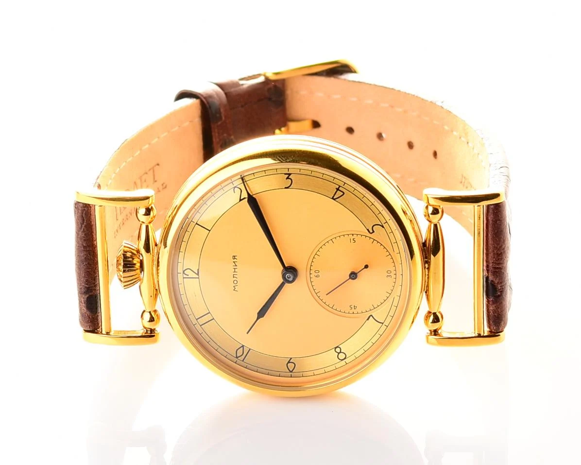Soviet style Molnija wrist watch with luxury ostrich leather strap and transparent back cover!