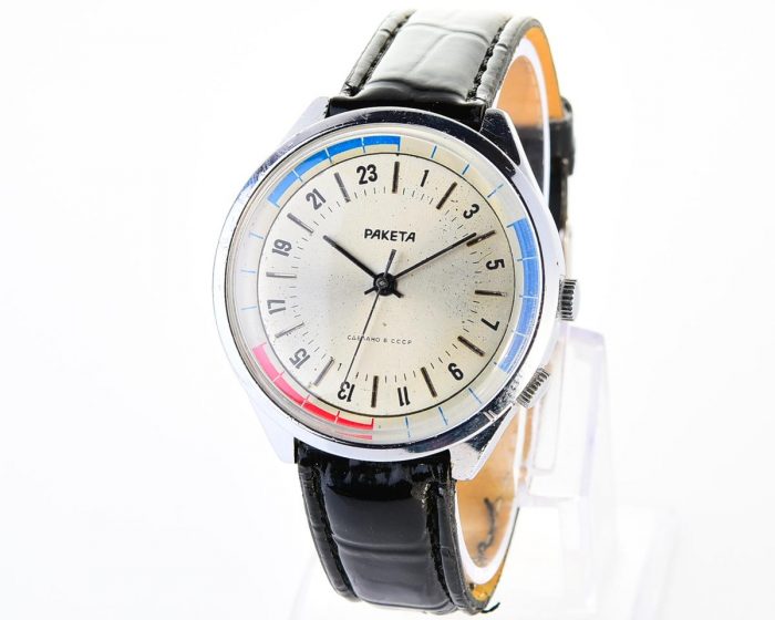 Vintage mechanical Raketa watch with 24 hours dial