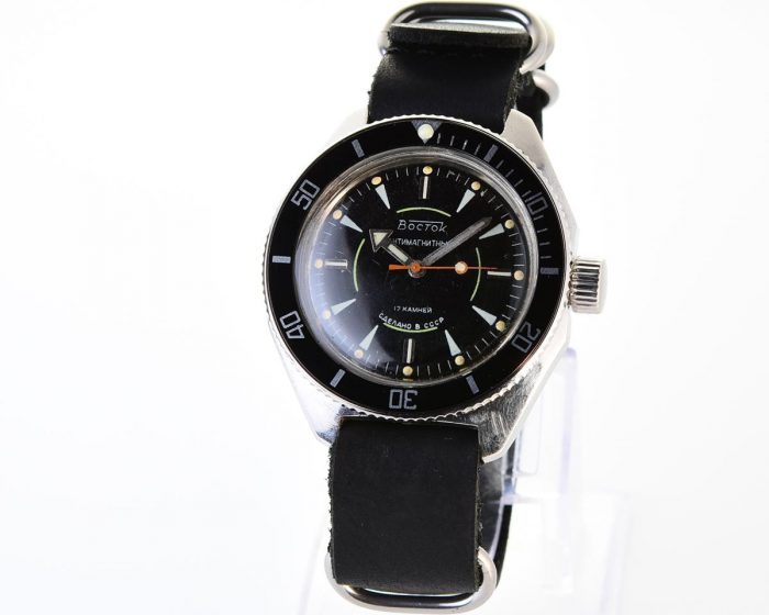 Black Vostok Amphibia wrist watch with genuine leather NATO strap!