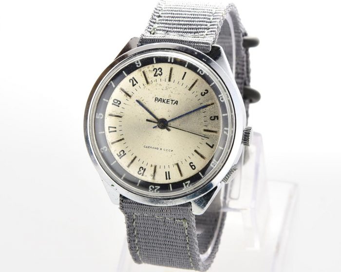 Vintage mechanical Raketa watch with 24 hours dial