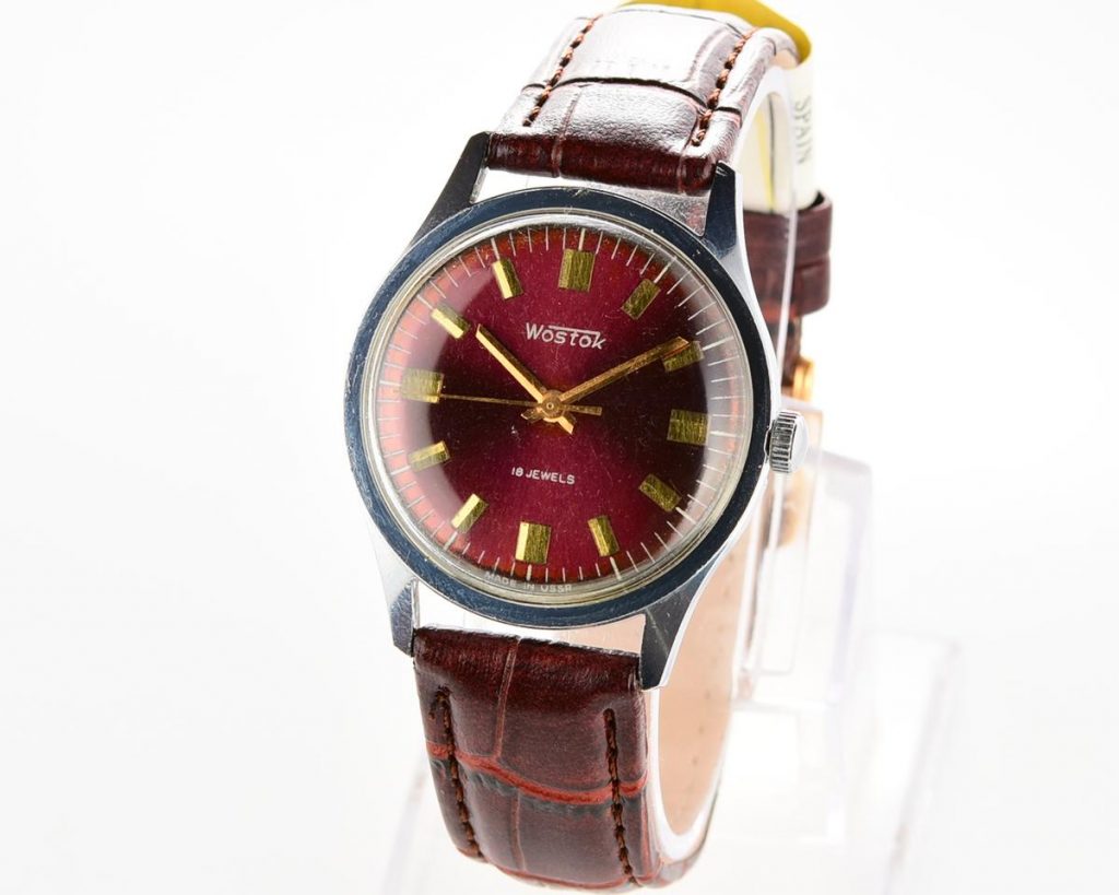 Vintage Wostok Mechanical Watch With Crimson Dial SovietWatchStore vintage-wostok-mechanical-watch-with-crimson-dial-sovietwatchstore