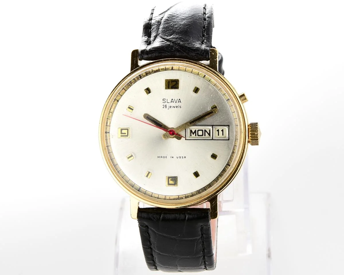 Slava gold-plated vintage Soviet mechanical watch with day/date calendar