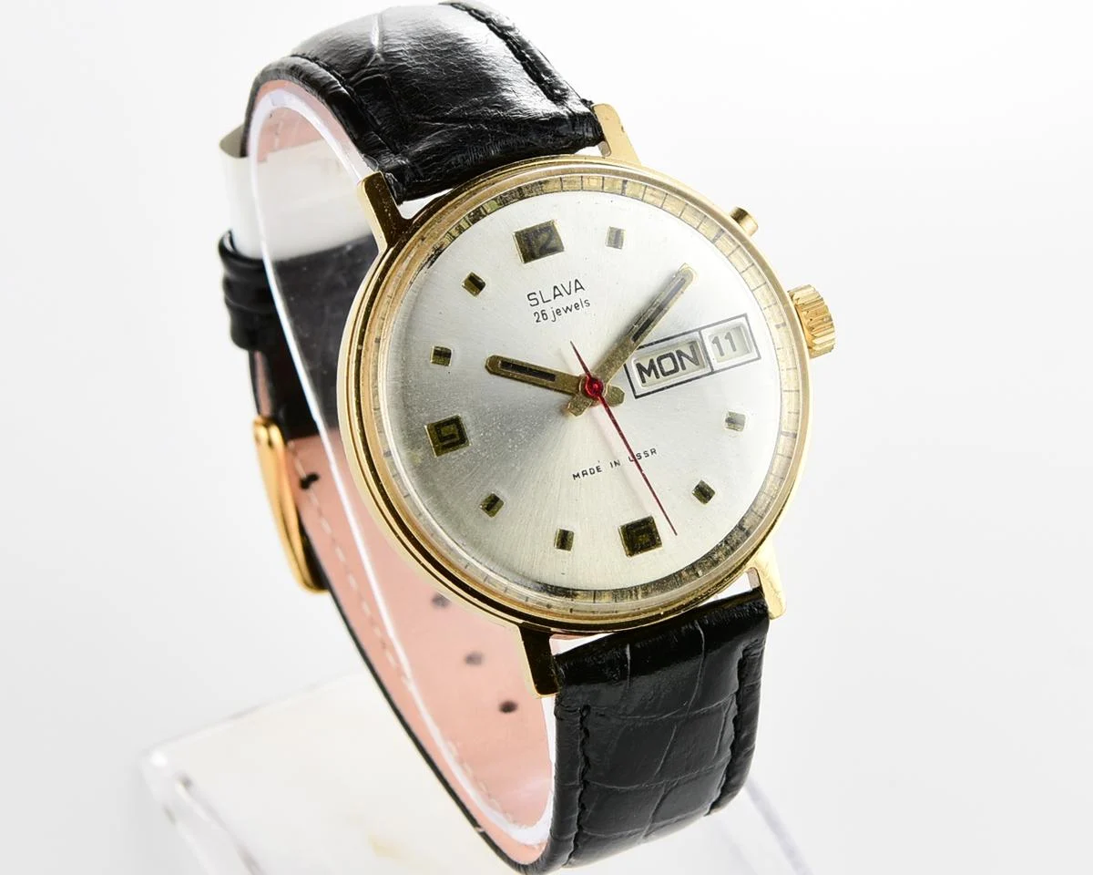 Slava gold-plated vintage Soviet mechanical watch with day/date calendar
