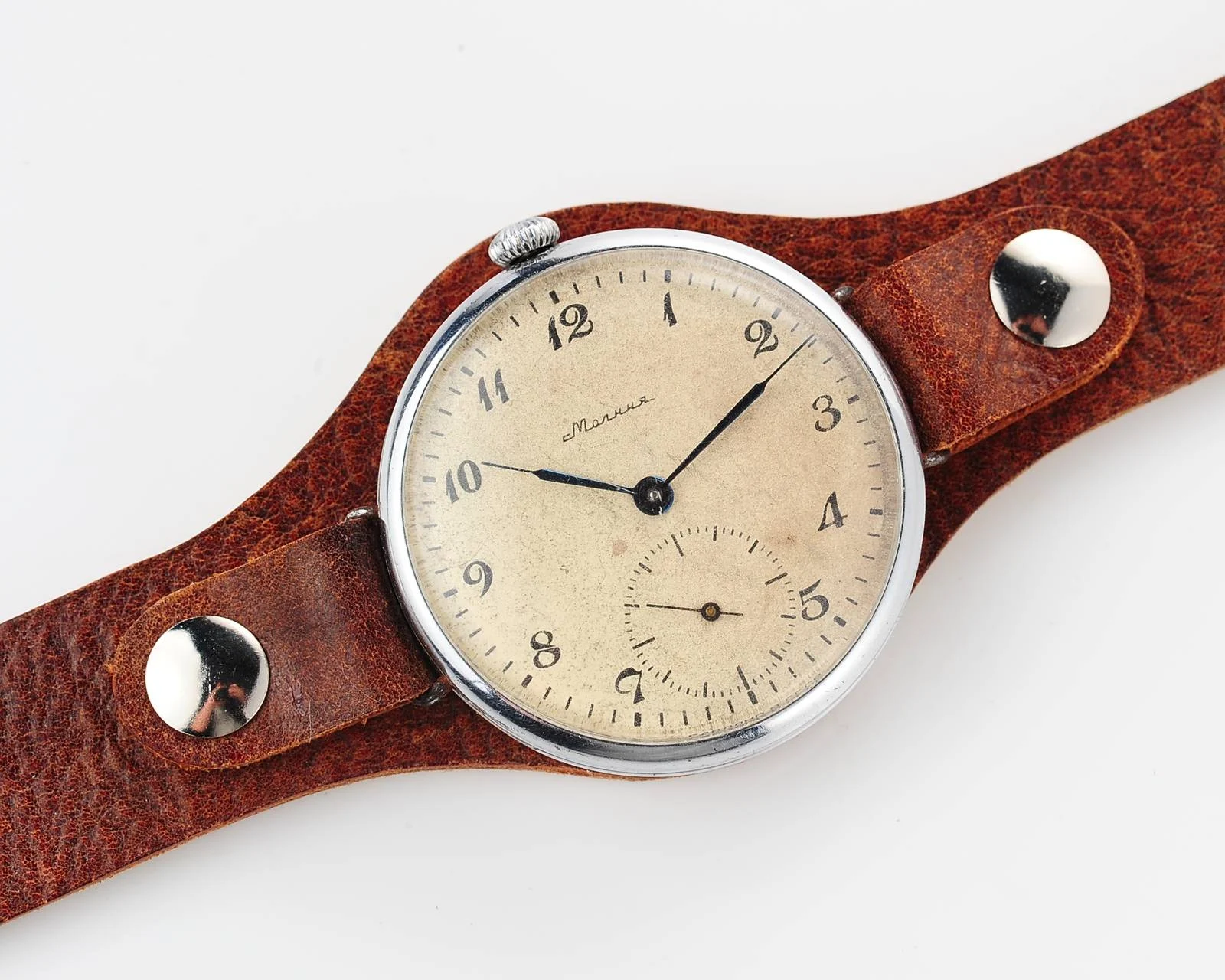 Molnija open face vintage Soviet watch from 1951 with custom made genuine leather strap