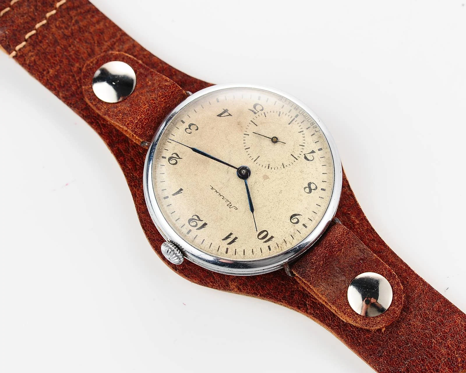 Molnija open face vintage Soviet watch from 1951 with custom made genuine leather strap
