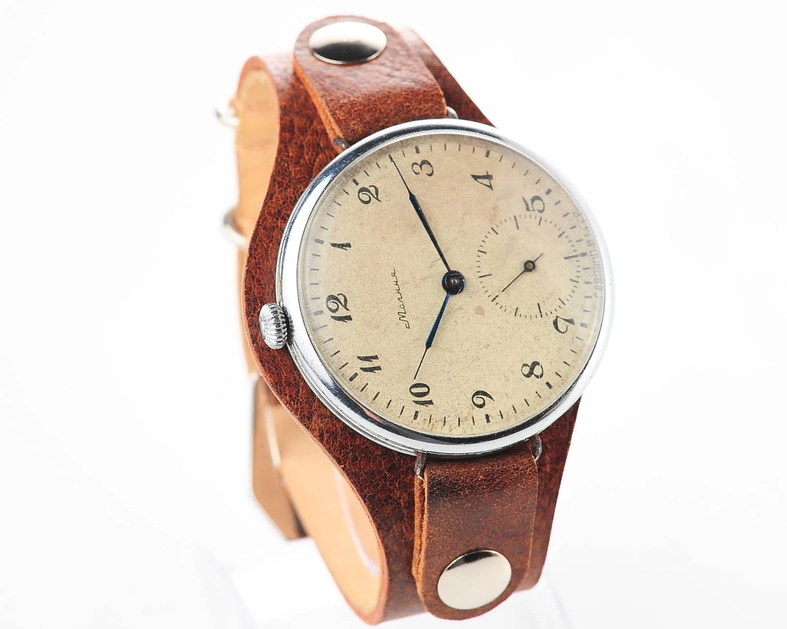 Molnija open face vintage Soviet watch from 1951 with custom made genuine leather strap