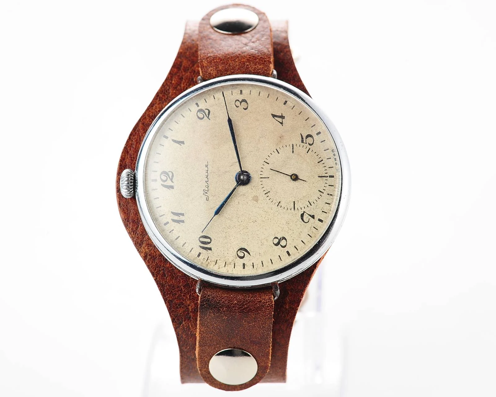 Molnija open face vintage Soviet watch from 1951 with custom made genuine leather strap