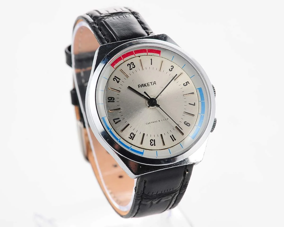 Vintage mechanical Raketa watch with 24 hours dial