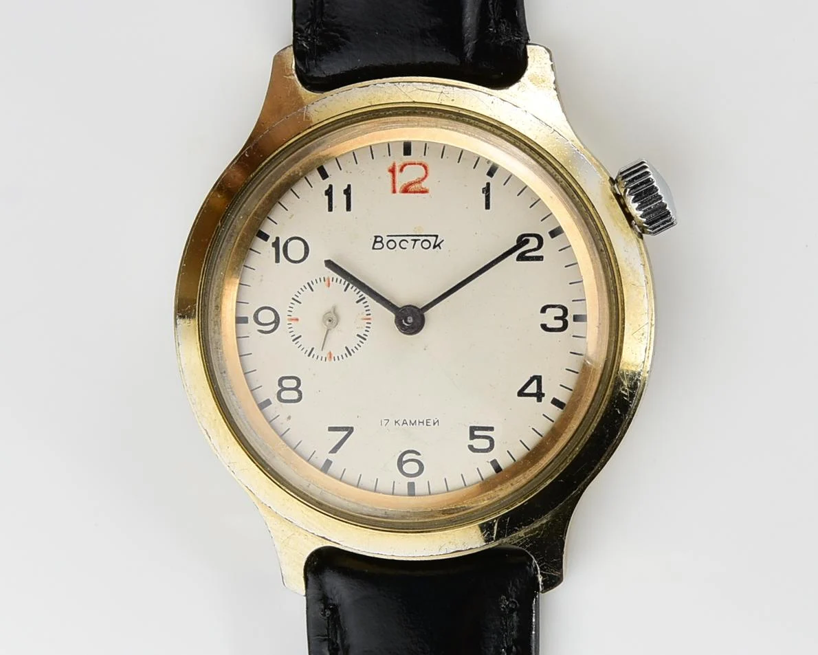 Vintage Soviet Vostok mechanical watch with winding crown on 2 o'clock