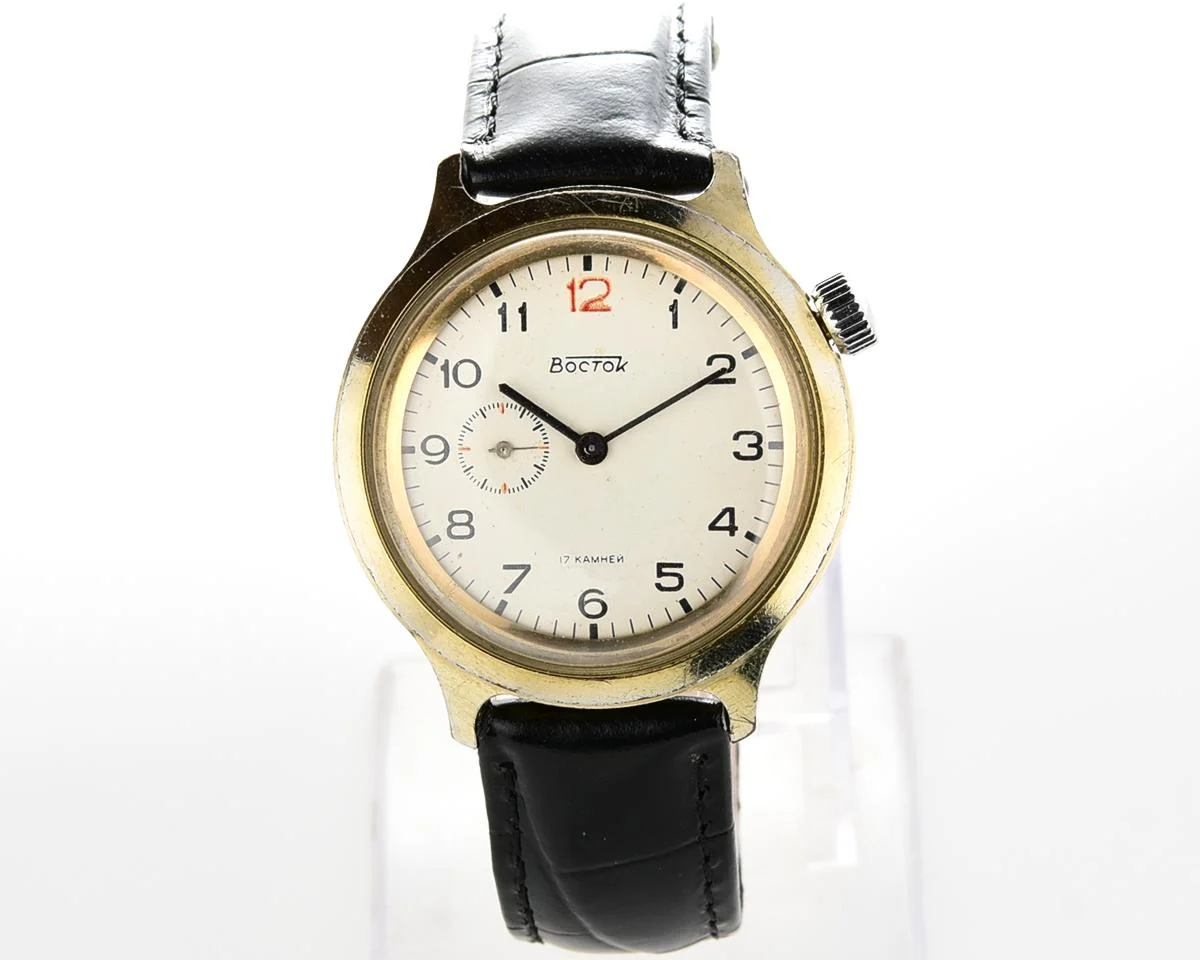 Vintage Soviet Vostok mechanical watch with winding crown on 2 o'clock