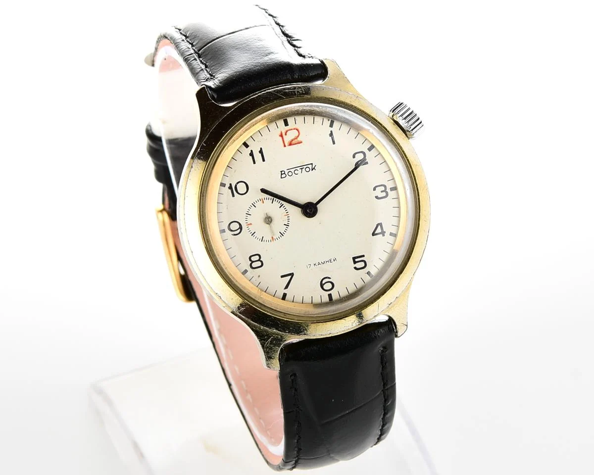 Vintage Soviet Vostok mechanical watch with winding crown on 2 o'clock