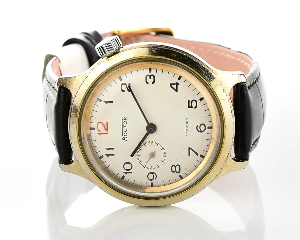 Vintage Soviet Vostok mechanical watch with winding crown on 2 o'clock