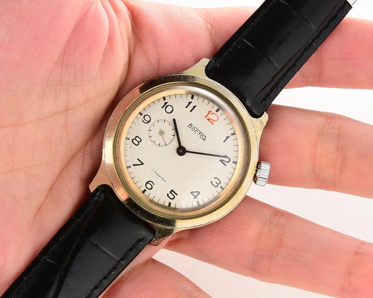 Vintage Soviet Vostok mechanical watch with winding crown on 2 o'clock