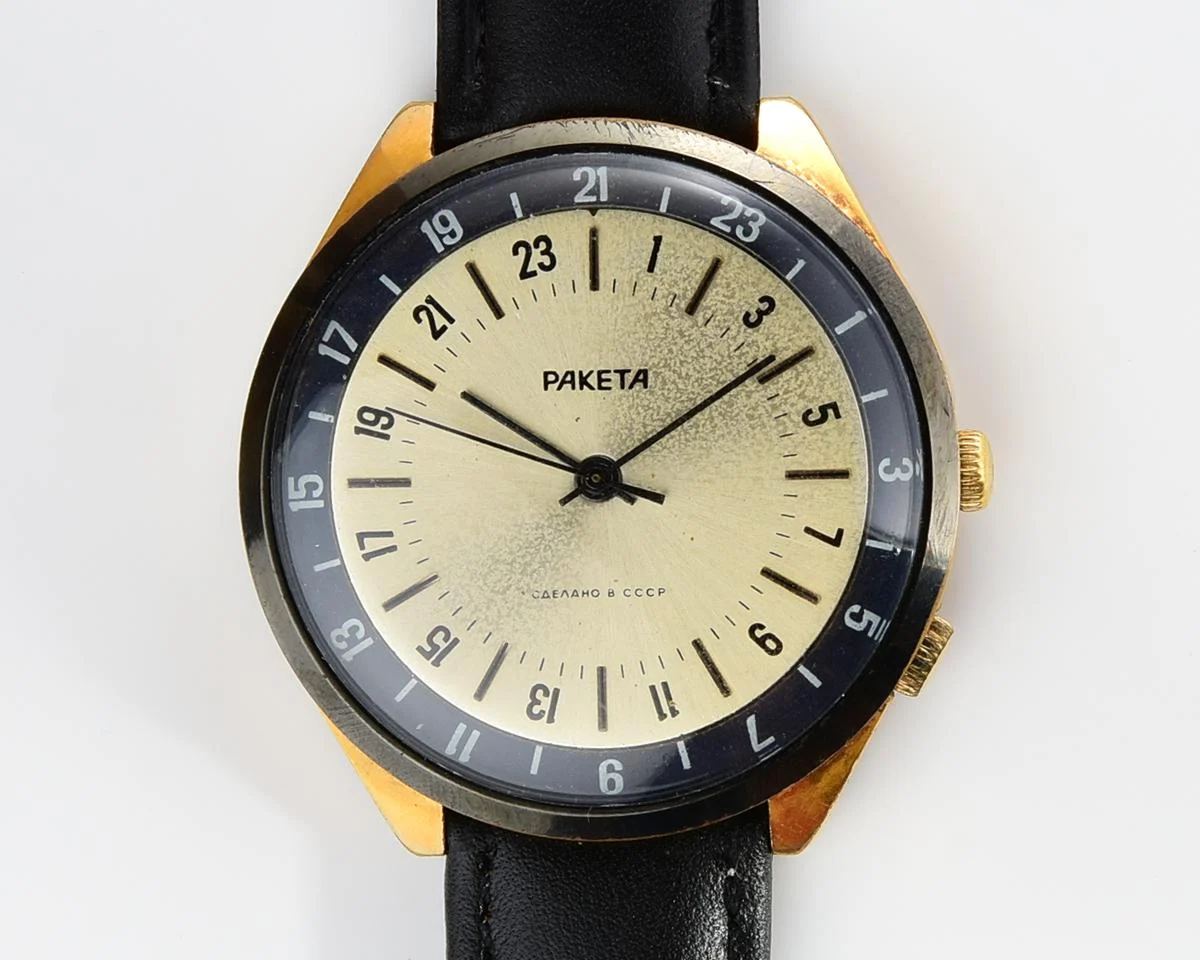 Vintage mechanical gold-plated Raketa watch with 24 hours dial