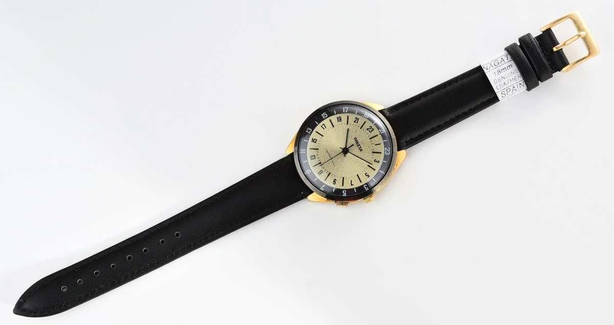 Vintage mechanical gold-plated Raketa watch with 24 hours dial