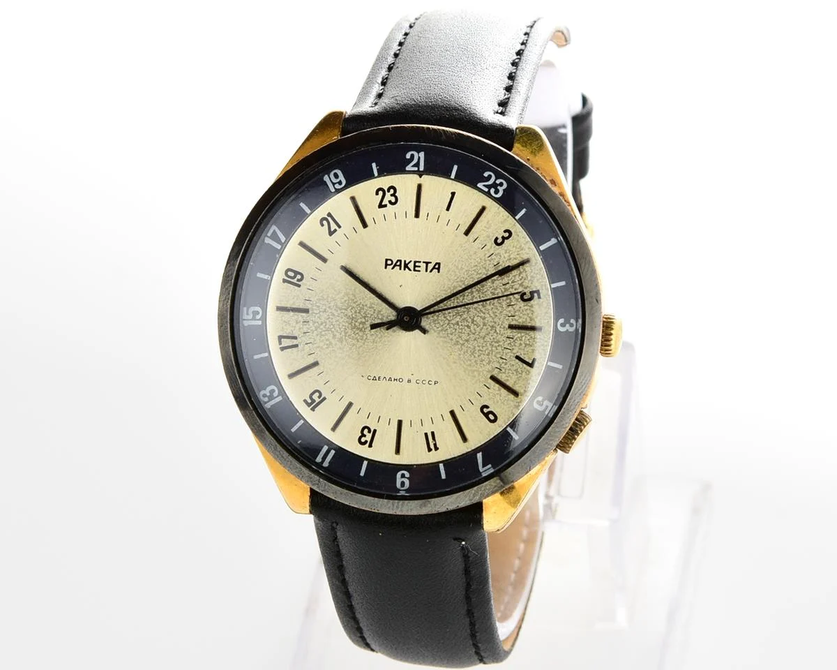 Vintage mechanical gold-plated Raketa watch with 24 hours dial