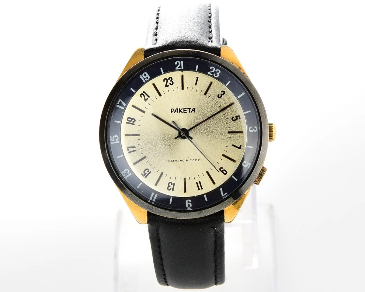 Vintage mechanical gold-plated Raketa watch with 24 hours dial