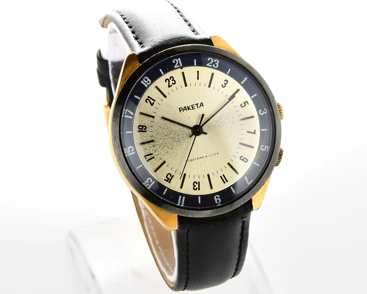 Vintage mechanical gold-plated Raketa watch with 24 hours dial