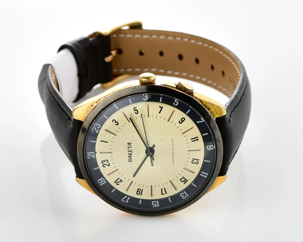 Vintage mechanical gold-plated Raketa watch with 24 hours dial