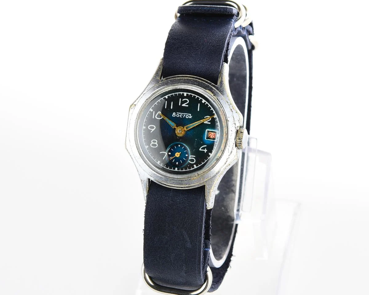 Vintage Vostok watch + NATO blue leather strap