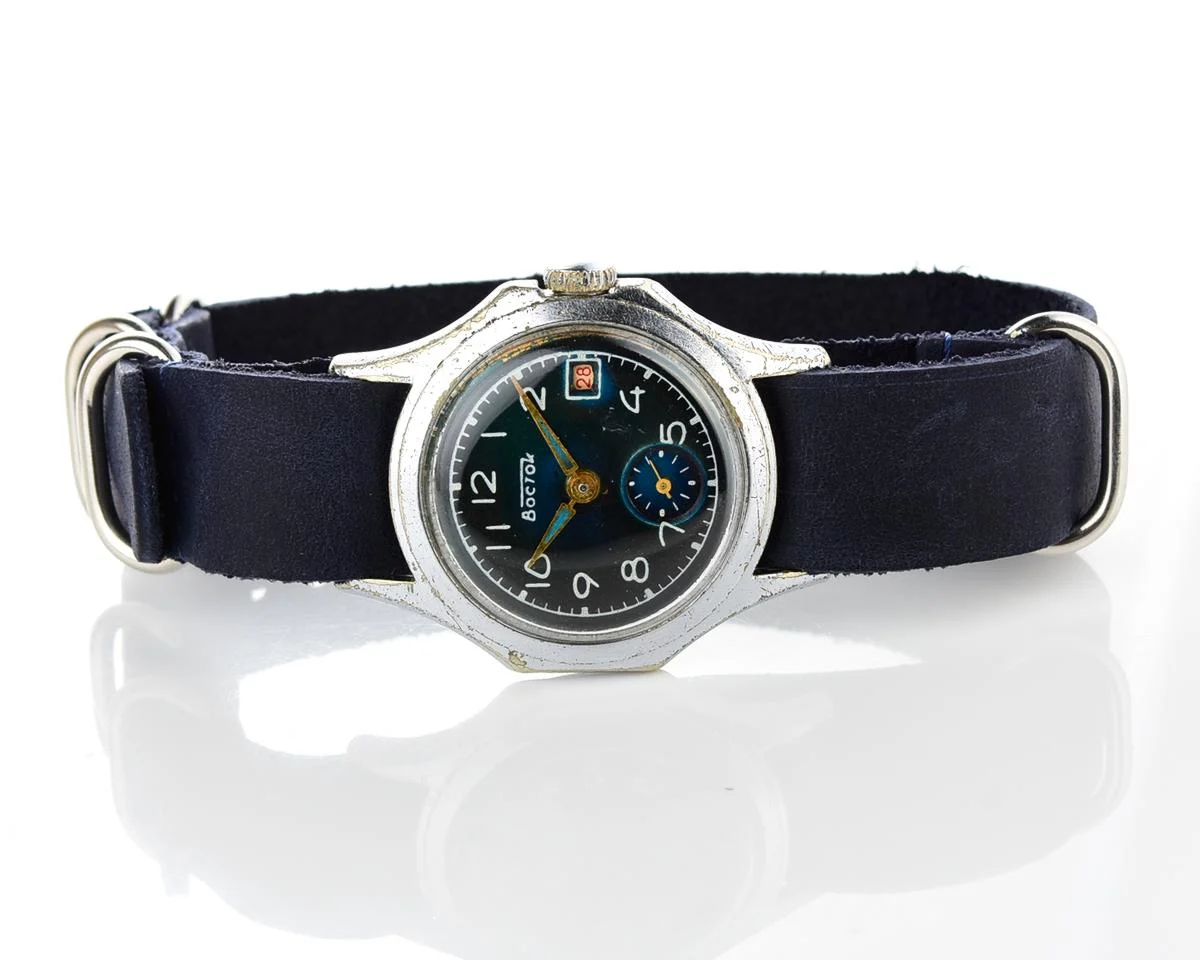 Vintage Vostok watch + NATO blue leather strap