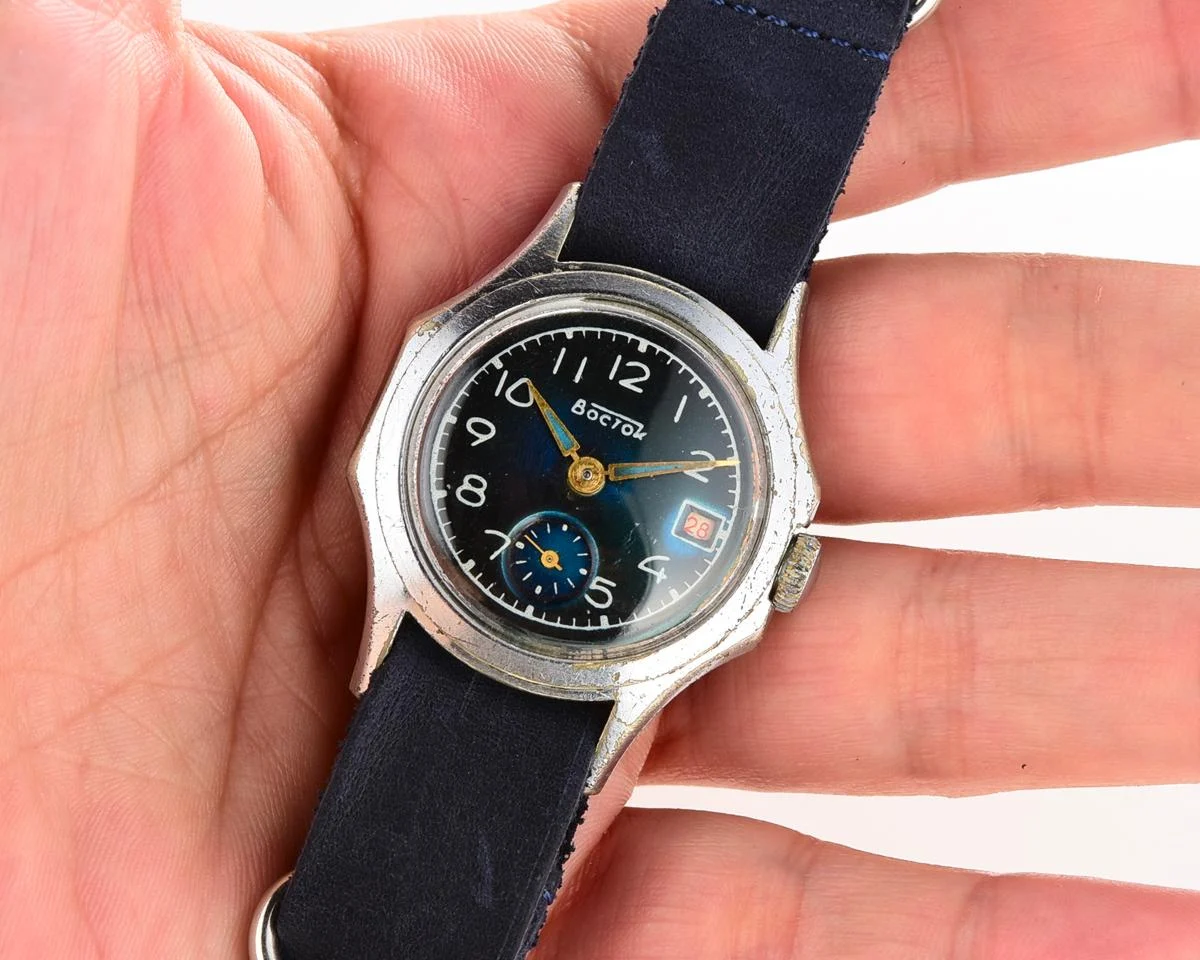 Vintage Vostok watch + NATO blue leather strap