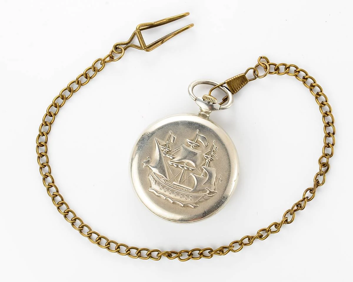 Excellent Soviet mechanical Molnija pocket watch - naval theme