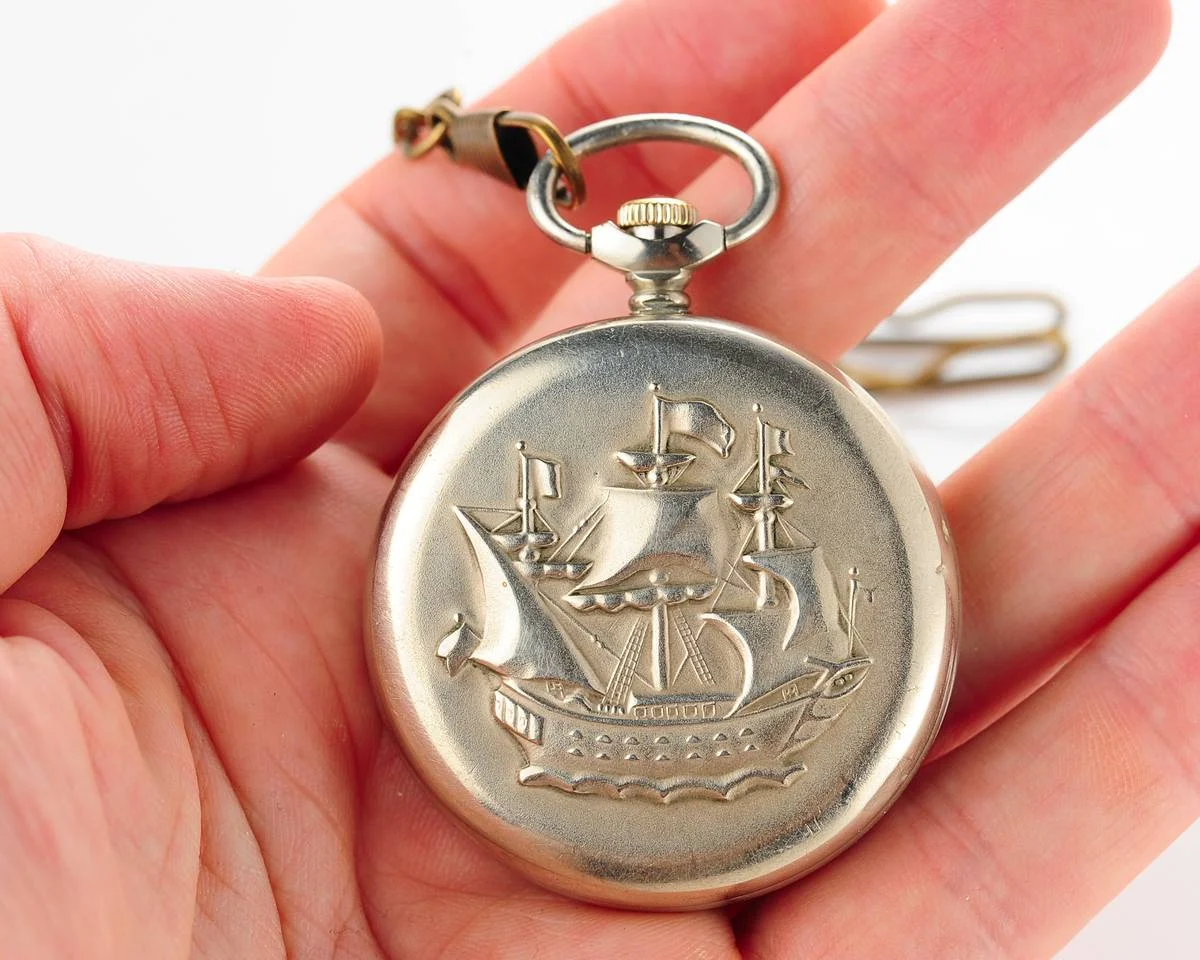 Excellent Soviet mechanical Molnija pocket watch - naval theme