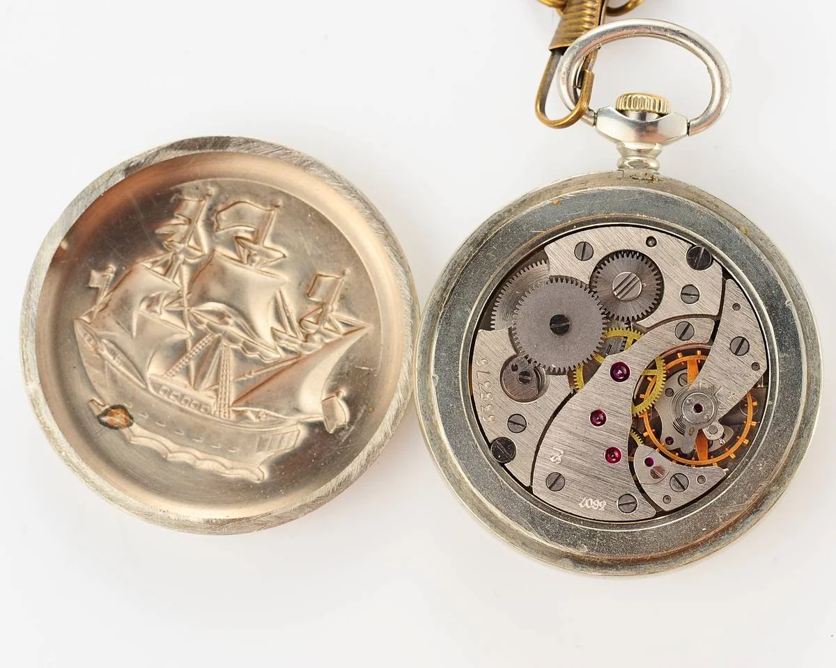 Excellent Soviet mechanical Molnija pocket watch - naval theme