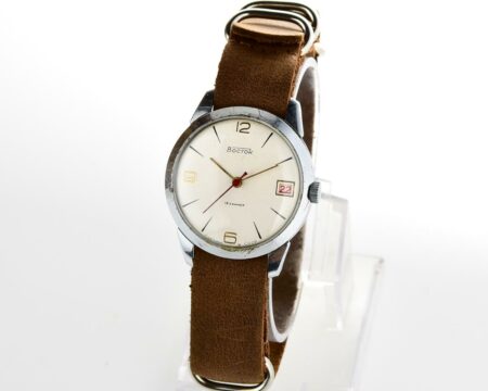 Slim soviet Wostok (Vostok) mechanical wrist watch with genuine leather NATO strap