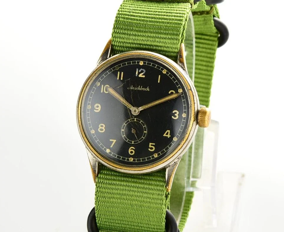 German wrist watch Aeschbach, UROFA 58 Glashütte movement, World War II 1940s