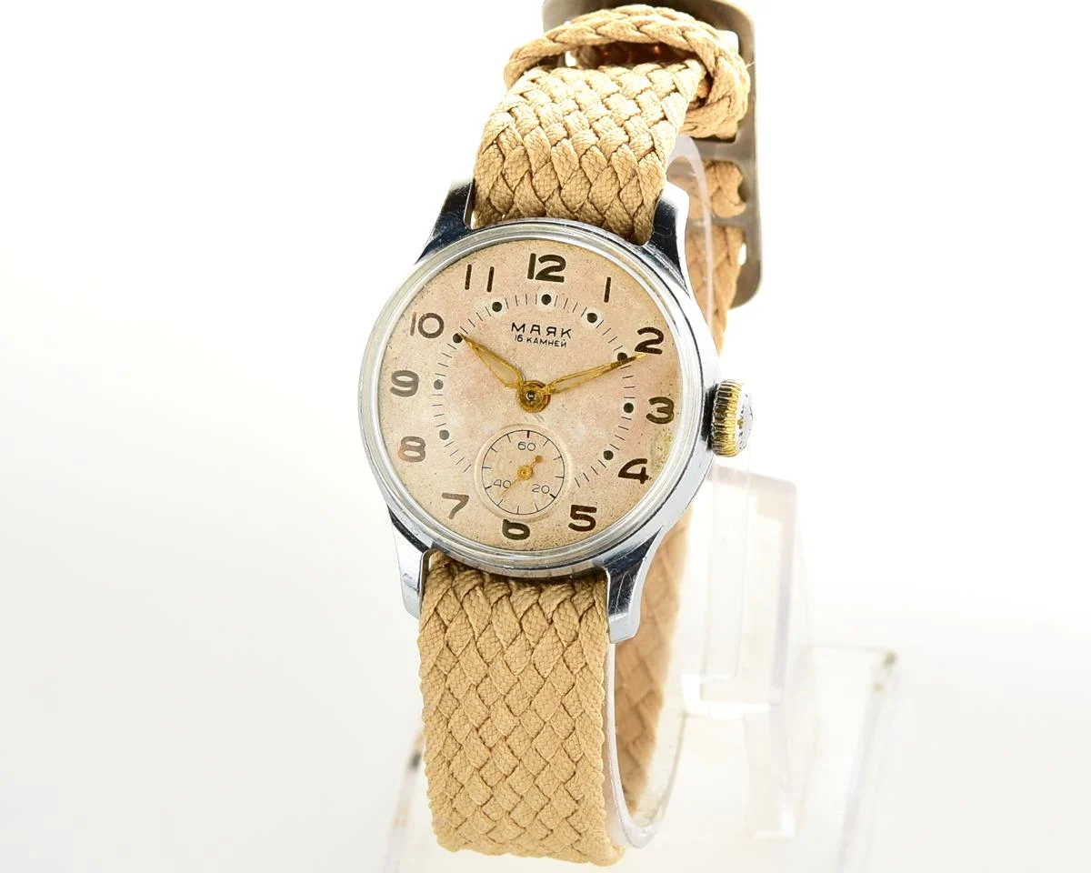 Vintage Soviet Mayak mechanical watch from 1950s - in hermetic case with perlon strap