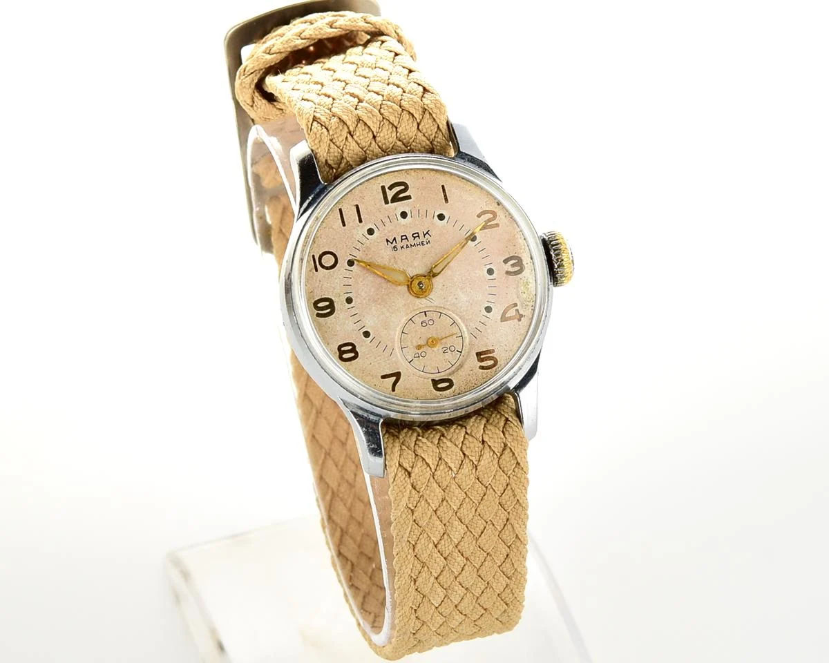 Vintage Soviet Mayak mechanical watch from 1950s - in hermetic case with perlon strap